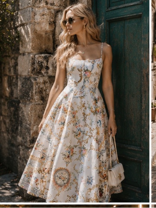Camilla Dresses & Skirts - Camilla White Floral-Print Midi Dress with Spaghetti Straps